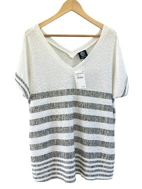 NWT Bobeau Striped V-Neck Short Sleeve Top L Ivory & Olive Green Rayon Blend